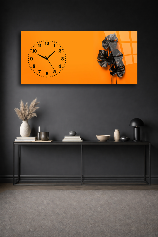 KIRILMAZ CAM DUVAR SAATİ , HEM TABLO HEM SAAT TURUNCU MİNİMAL ÇİÇEK TASARIMI EV OFİS HEDİYESİ