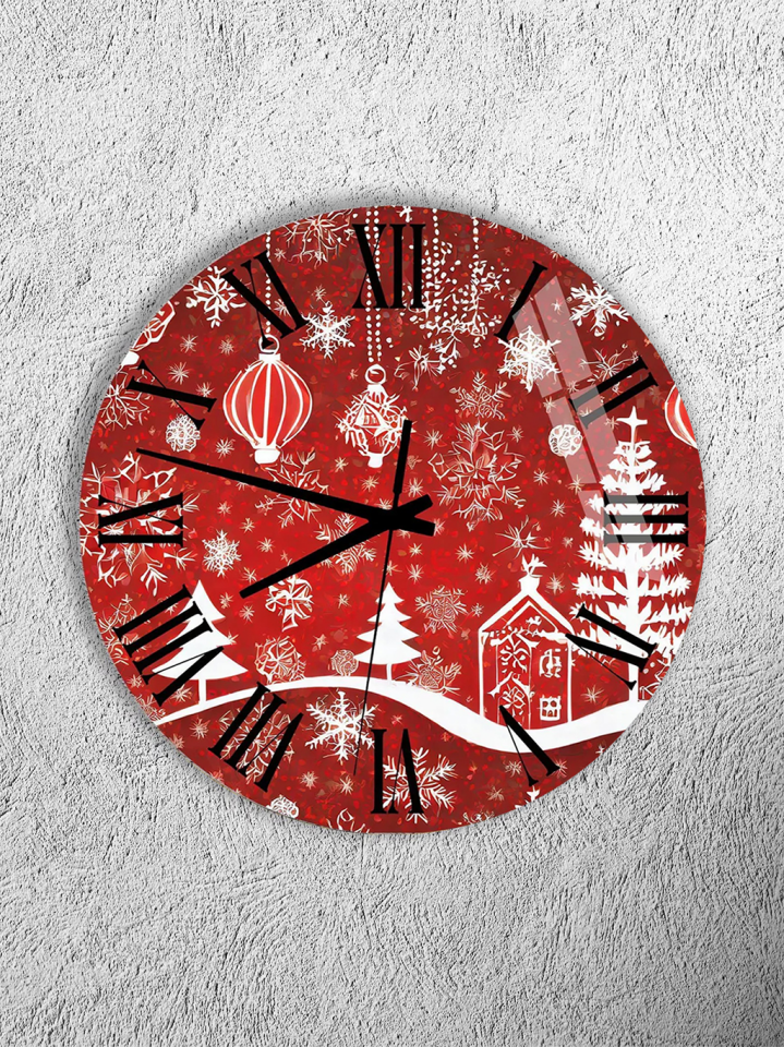 KIRILMAZ CAM DUVAR SAATİ, HEM TABLO HEM SAAT KIRMIZI YILBAŞI KIŞ TEMASI DESEN EV OFİS HEDİYESİ