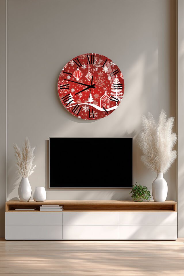 KIRILMAZ CAM DUVAR SAATİ, HEM TABLO HEM SAAT KIRMIZI YILBAŞI KIŞ TEMASI DESEN EV OFİS HEDİYESİ