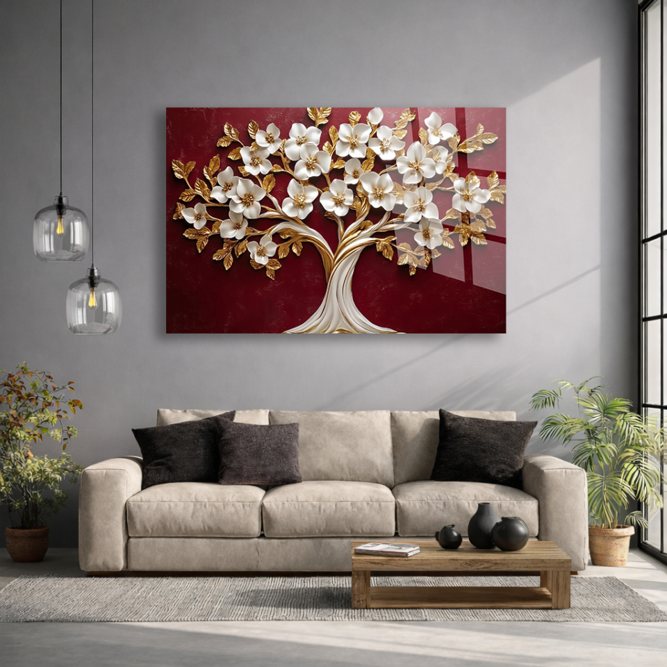 KIRILMAZ CAM TABLO , MODERN DUVAR DEKORASYONU KIRMIZI ZEMİN ÇİÇEKLİ AĞAÇ EV OFİS HEDİYESİ