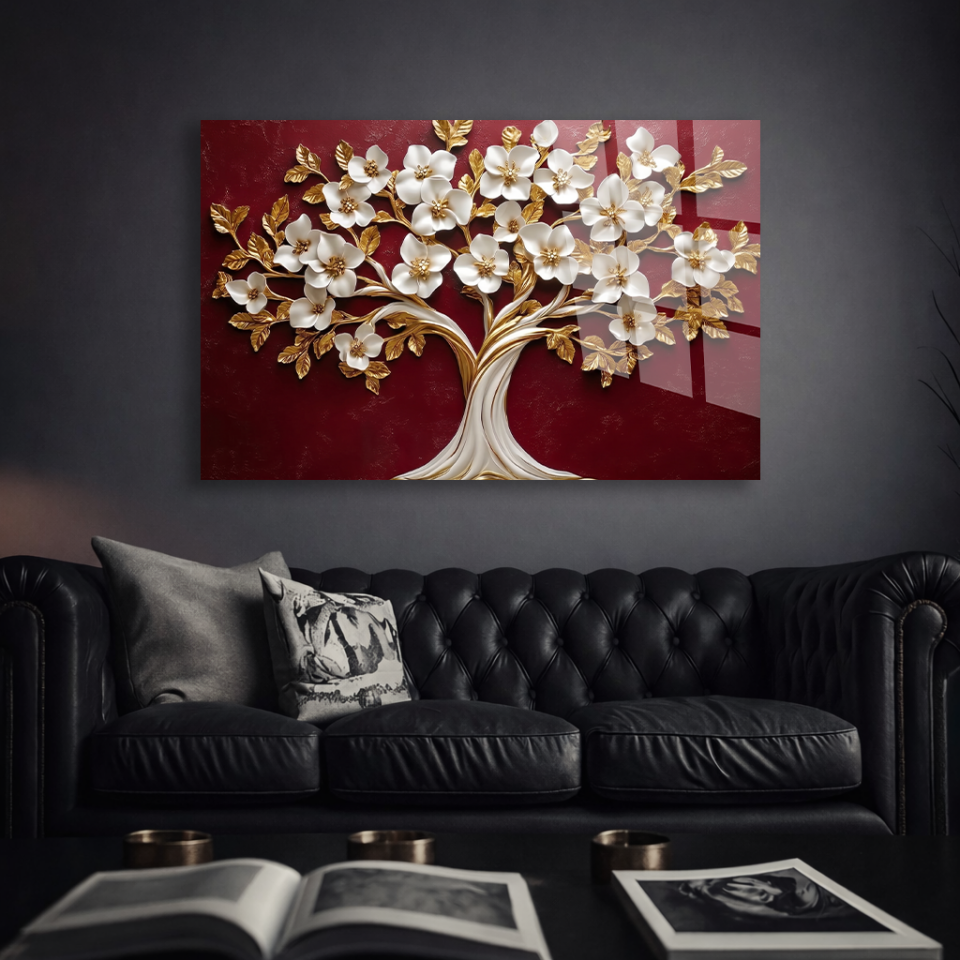 KIRILMAZ CAM TABLO , MODERN DUVAR DEKORASYONU KIRMIZI ZEMİN ÇİÇEKLİ AĞAÇ EV OFİS HEDİYESİ