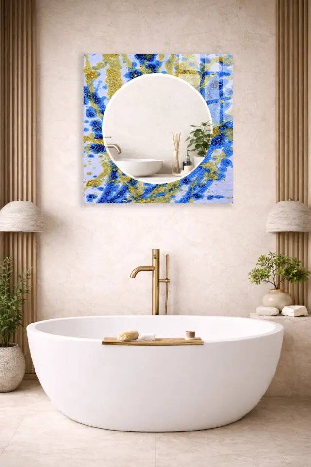 HEM TABLO HEM AYNA KIRILMAZ TEMPERLİ CAM DUVAR AYNASI RENKLİ SOYUT DESEN EV OFİS HEDİYESİ