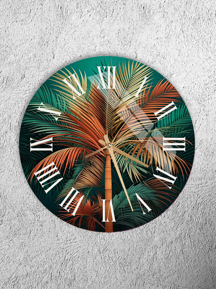 KIRILMAZ CAM DUVAR SAATİ, HEM TABLO HEM SAAT YEŞİL TURUNCU PALMİYE AĞACI TROPİKAL TASARIM EV OFİS HEDİYESİ