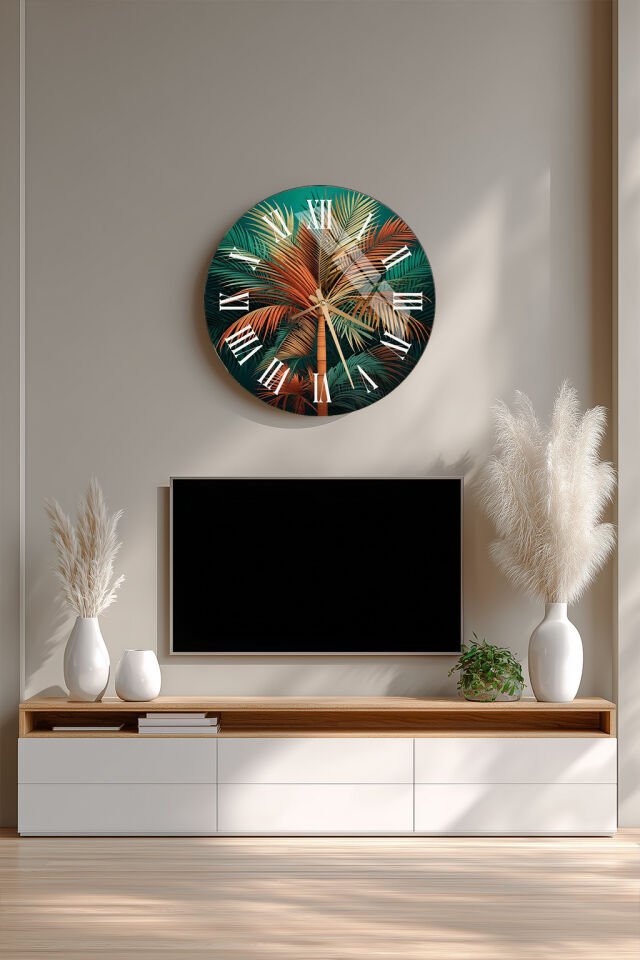 KIRILMAZ CAM DUVAR SAATİ, HEM TABLO HEM SAAT YEŞİL TURUNCU PALMİYE AĞACI TROPİKAL TASARIM EV OFİS HEDİYESİ