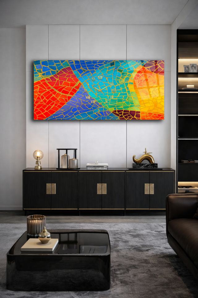 KIRILMAZ CAM DUVAR SAATİ , HEM TABLO HEM SAAT RENKLİ MOZAİK SOYUT SANAT TASARIMI EV OFİS HEDİYESİ