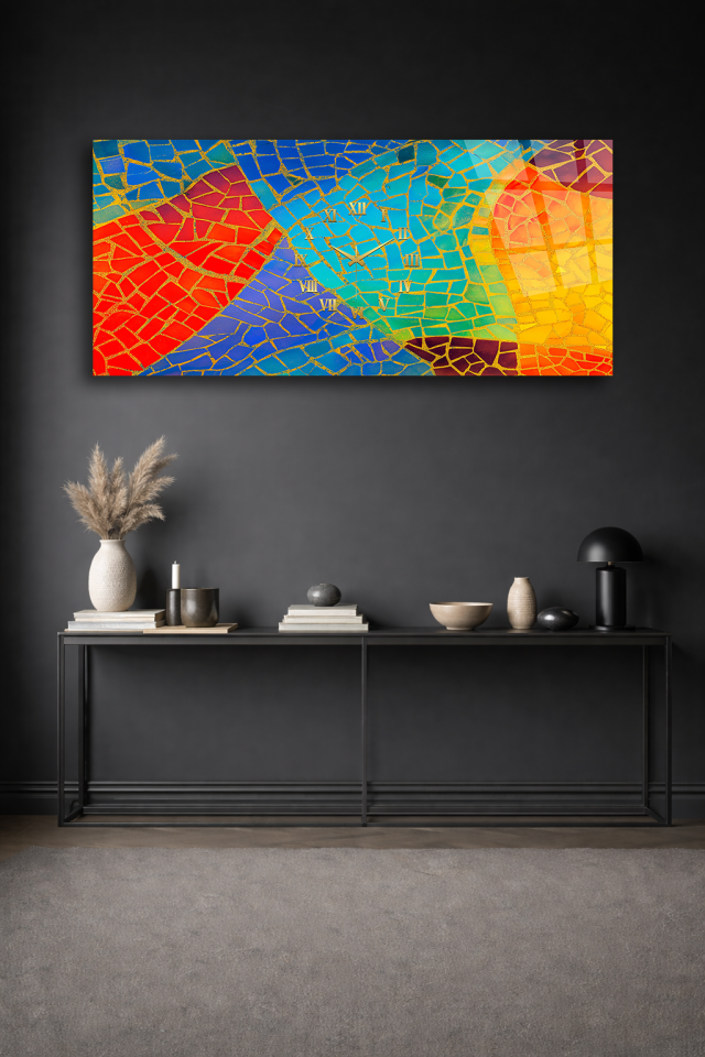 KIRILMAZ CAM DUVAR SAATİ , HEM TABLO HEM SAAT RENKLİ MOZAİK SOYUT SANAT TASARIMI EV OFİS HEDİYESİ