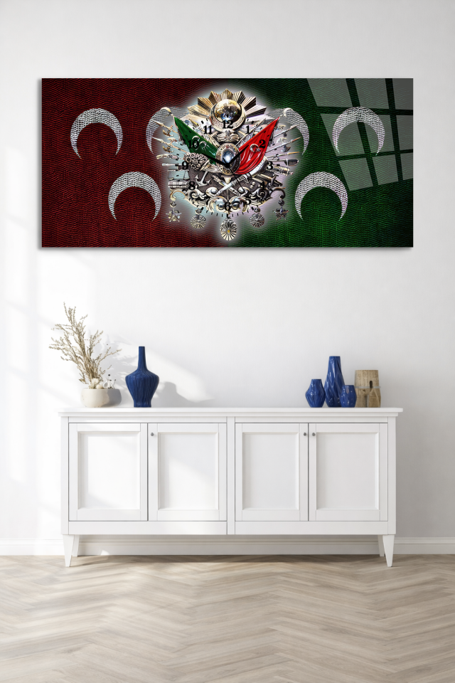 KIRILMAZ CAM DUVAR SAATİ , HEM TABLO HEM SAAT OSMANLI ARMASI VE AY YILDIZ EV OFİS HEDİYESİ