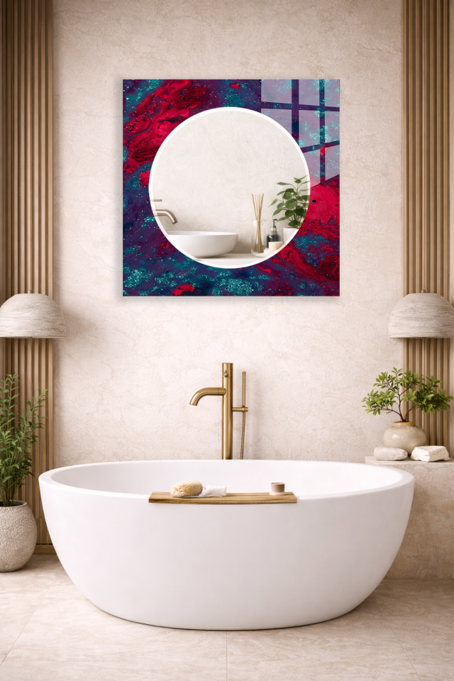 HEM TABLO HEM AYNA KOZMİK GALAKSİ SOYUT DESEN CAM DUVAR AYNASI EV DEKORU