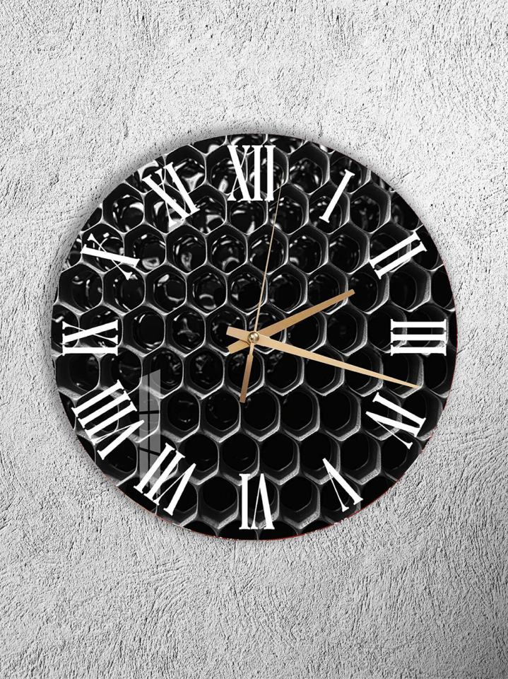 KIRILMAZ CAM DUVAR SAATİ, HEM TABLO HEM SAAT SİYAH PETEK GEOMETRİK MODERN TASARIM EV OFİS HEDİYESİ