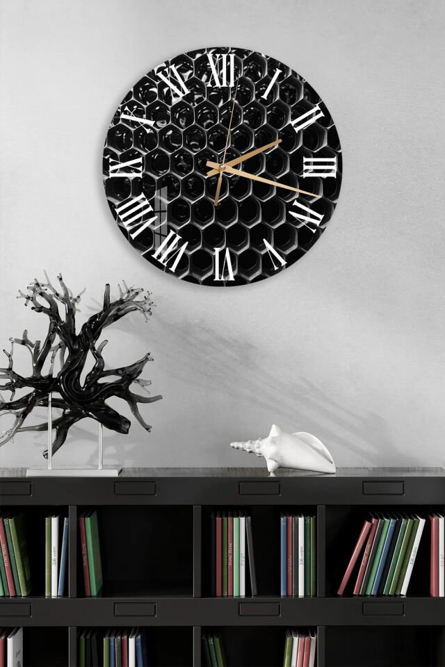 KIRILMAZ CAM DUVAR SAATİ, HEM TABLO HEM SAAT SİYAH PETEK GEOMETRİK MODERN TASARIM EV OFİS HEDİYESİ