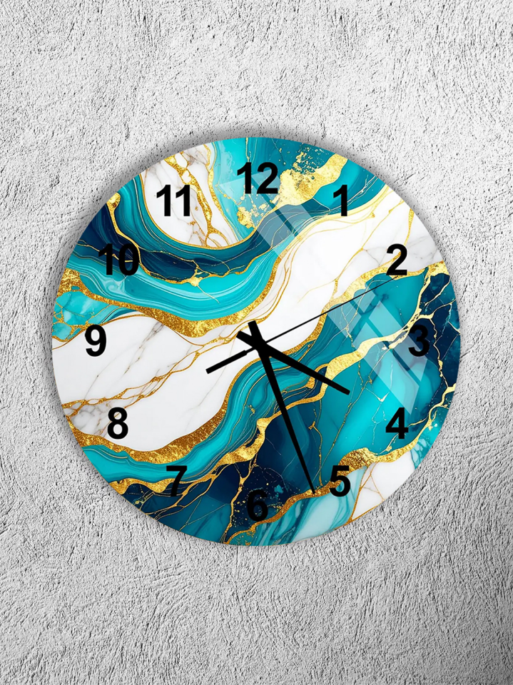 KIRILMAZ CAM DUVAR SAATİ, HEM TABLO HEM SAAT TURKUAZ ALTIN MERMER DESEN MODERN SAYI TASARIM EV OFİS HEDİYESİ