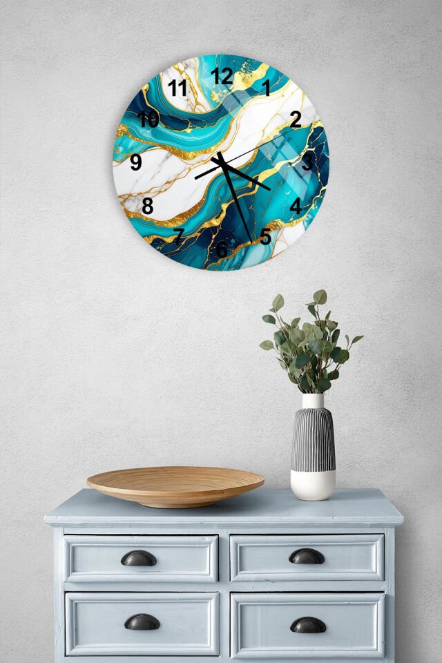 KIRILMAZ CAM DUVAR SAATİ, HEM TABLO HEM SAAT TURKUAZ ALTIN MERMER DESEN MODERN SAYI TASARIM EV OFİS HEDİYESİ