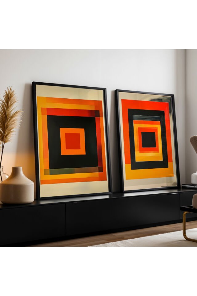 SİYAH - Abstract Geometrik Şekiller İkili Doğal Ahşap Çerçeveli Duvar Tablo Seti