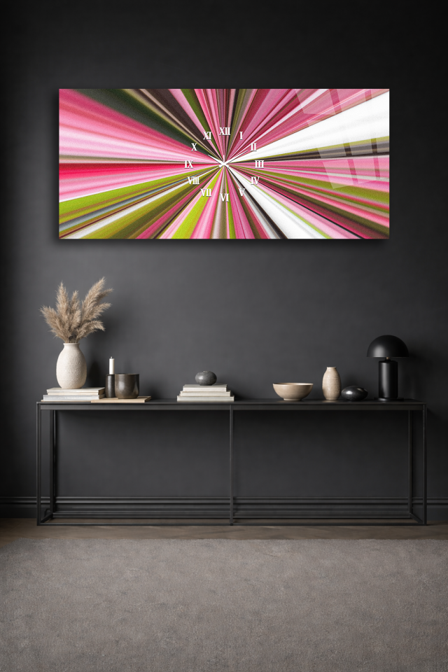 KIRILMAZ CAM DUVAR SAATİ , HEM TABLO HEM SAAT RENKLİ IŞINSEL SOYUT TASARIM EV OFİS HEDİYESİ