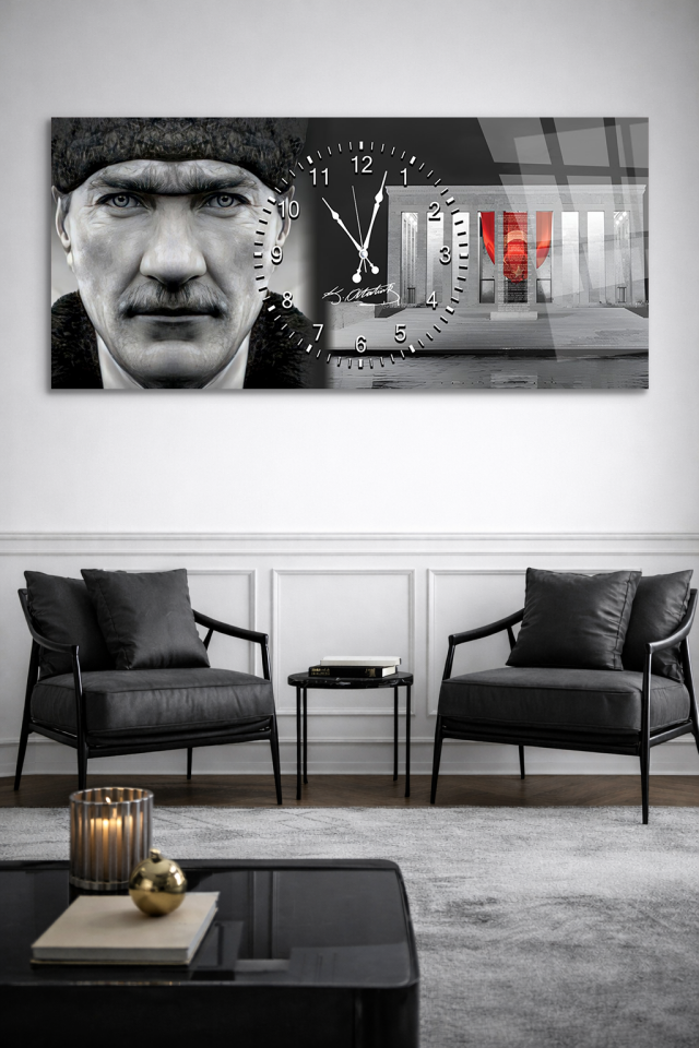 KIRILMAZ CAM DUVAR SAATİ , HEM TABLO HEM SAAT ATATÜRK PORTRE ANITKABİR TASARIM EV OFİS HEDİYESİ