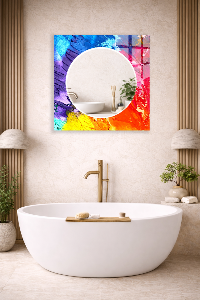 HEM TABLO HEM AYNA RENKLİ BOYA PATLAMA SOYUT DESEN CAM DUVAR AYNASI EV DEKORU