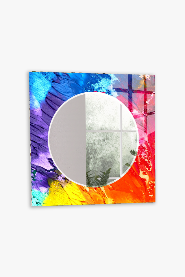 HEM TABLO HEM AYNA RENKLİ BOYA PATLAMA SOYUT DESEN CAM DUVAR AYNASI EV DEKORU