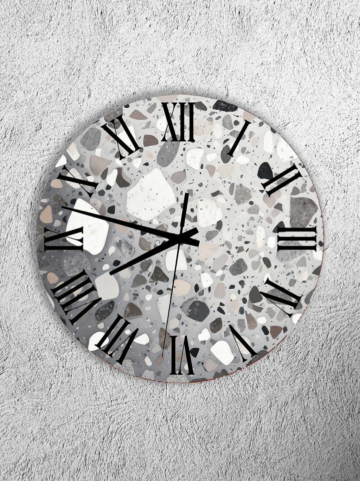 KIRILMAZ CAM DUVAR SAATİ, HEM TABLO HEM SAAT GRİ TERRAZZO TAŞ DESEN MODERN TASARIM EV OFİS HEDİYESİ