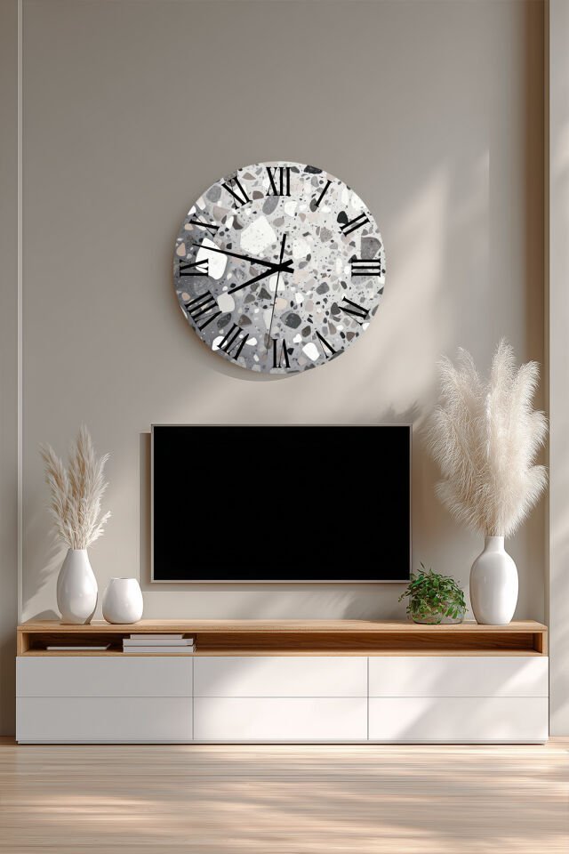KIRILMAZ CAM DUVAR SAATİ, HEM TABLO HEM SAAT GRİ TERRAZZO TAŞ DESEN MODERN TASARIM EV OFİS HEDİYESİ
