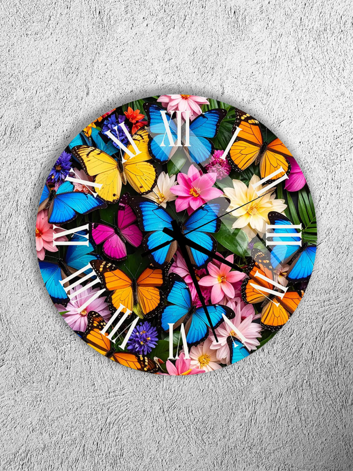 KIRILMAZ CAM DUVAR SAATİ, HEM TABLO HEM SAAT RENKLİ KELEBEK VE ÇİÇEK DESENLİ CANLI SANATSAL EV OFİS HEDİYESİ