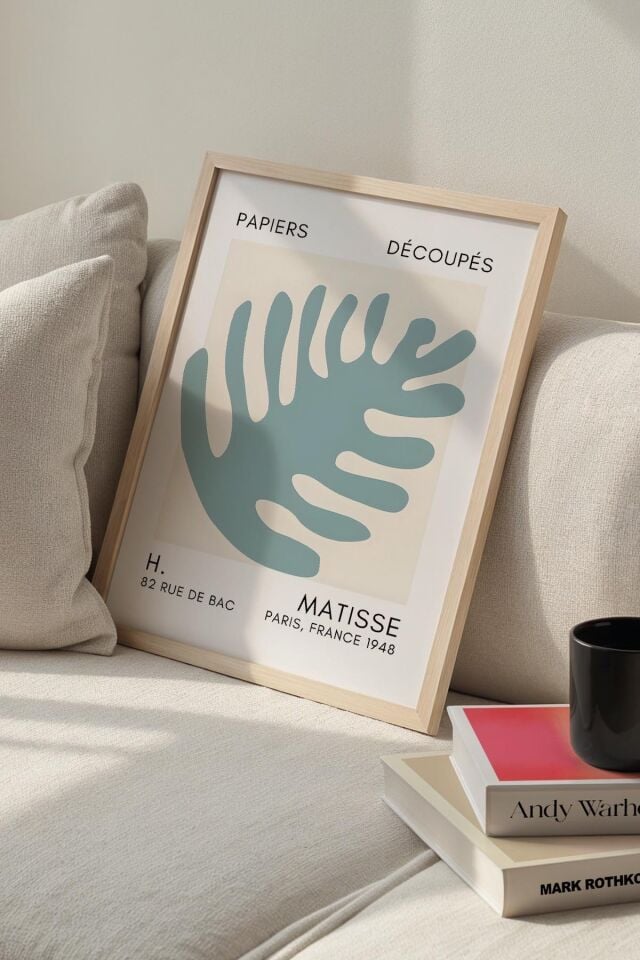 DOĞAL AHŞAP - Botanik Serisi Mint Yeşili Çiçekli Matisse Doğal Ahşap Çerçeveli Duvar Tablosu