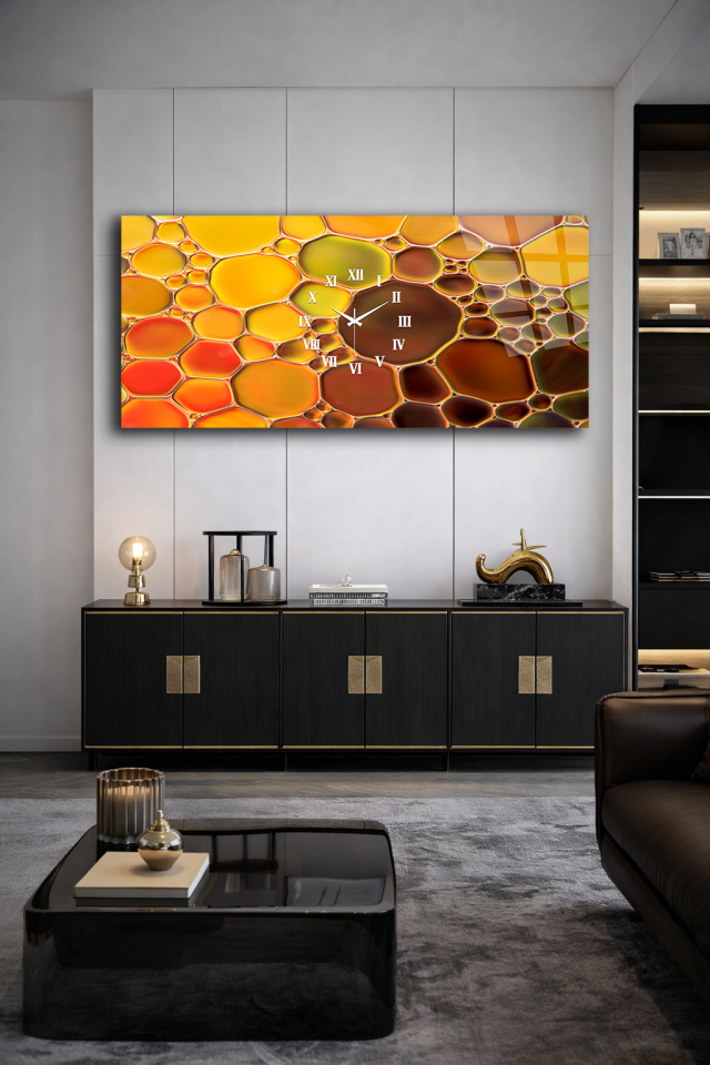 KIRILMAZ CAM DUVAR SAATİ , HEM TABLO HEM SAAT SOYUT SARI TURUNCU DESEN EV OFİS HEDİYESİ