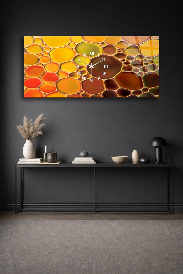 KIRILMAZ CAM DUVAR SAATİ , HEM TABLO HEM SAAT SOYUT SARI TURUNCU DESEN EV OFİS HEDİYESİ