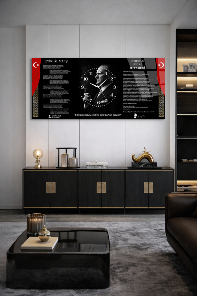 KIRILMAZ CAM DUVAR SAATİ , HEM TABLO HEM SAAT İSTİKLAL MARŞI GENÇLİĞE HİTABE EV OFİS HEDİYESİ