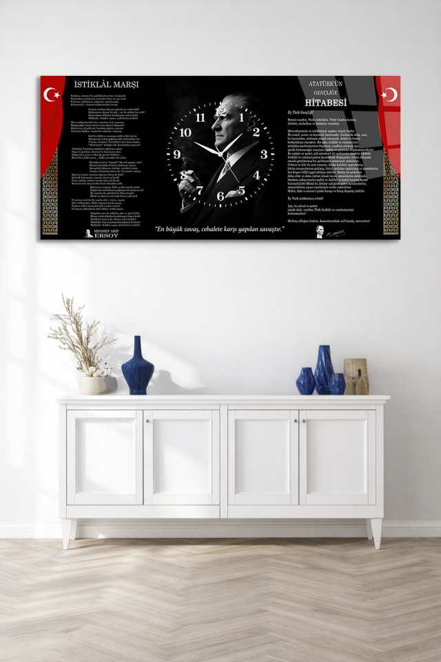 KIRILMAZ CAM DUVAR SAATİ , HEM TABLO HEM SAAT İSTİKLAL MARŞI GENÇLİĞE HİTABE EV OFİS HEDİYESİ