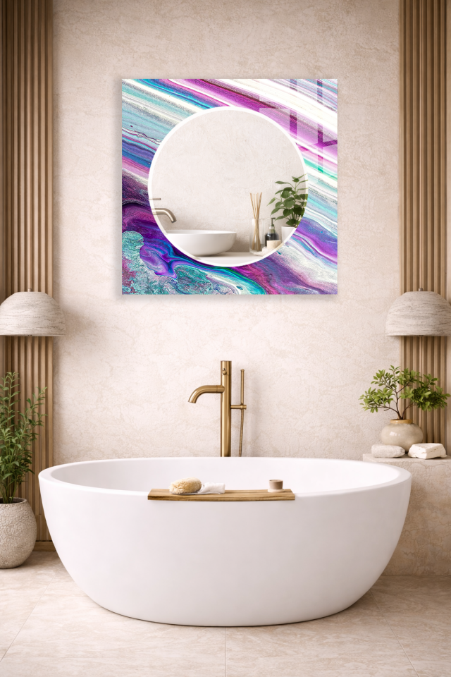 HEM TABLO HEM AYNA LİLA TURKUAZ MERMER AKIŞKAN DESEN CAM DUVAR AYNASI EV DEKORU