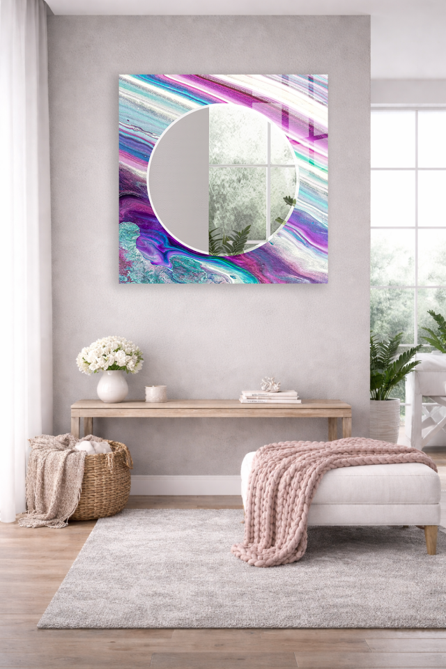 HEM TABLO HEM AYNA LİLA TURKUAZ MERMER AKIŞKAN DESEN CAM DUVAR AYNASI EV DEKORU