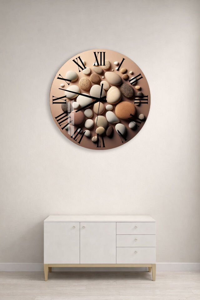 KIRILMAZ CAM DUVAR SAATİ, HEM TABLO HEM SAAT ZEN TAŞ DOĞAL DOKU TASARIM EV OFİS HEDİYESİ