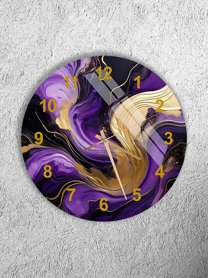 KIRILMAZ CAM DUVAR SAATİ, HEM TABLO HEM SAAT MOR ALTIN SOYUT MERMER DESEN MODERN SAYI EV OFİS HEDİYESİ