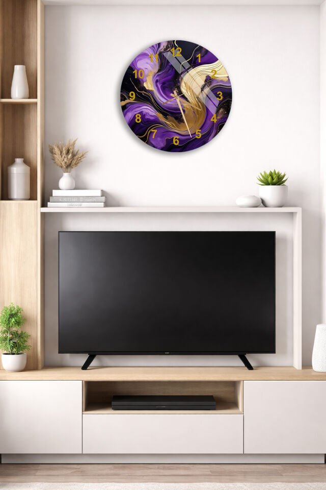 KIRILMAZ CAM DUVAR SAATİ, HEM TABLO HEM SAAT MOR ALTIN SOYUT MERMER DESEN MODERN SAYI EV OFİS HEDİYESİ