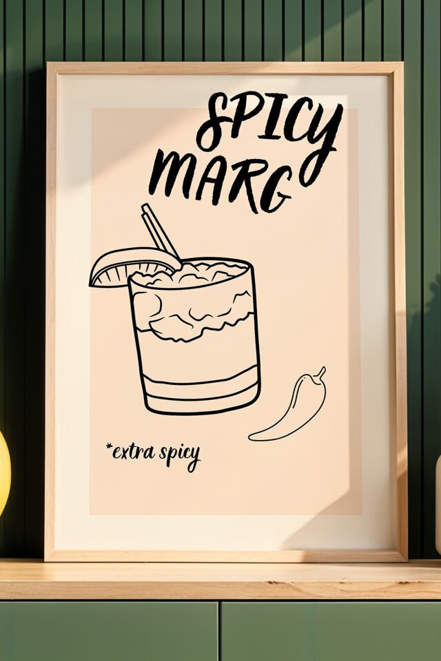 DOĞAL AHŞAP - Spicy Margarita Çizim Tarzı Mutfak Ahşap Çerçeveli Duvar Tablosu