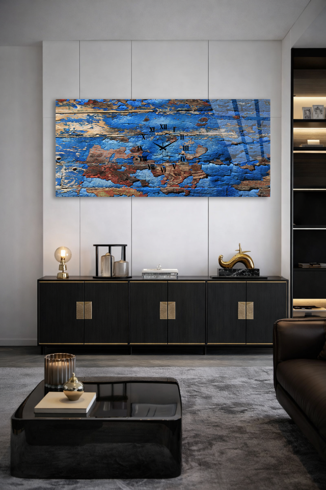 KIRILMAZ CAM DUVAR SAATİ , HEM TABLO HEM SAAT ESKİ AHŞAP MAVİ RUSTİK TASARIM EV OFİS HEDİYESİ