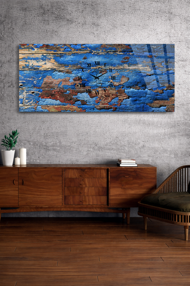 KIRILMAZ CAM DUVAR SAATİ , HEM TABLO HEM SAAT ESKİ AHŞAP MAVİ RUSTİK TASARIM EV OFİS HEDİYESİ