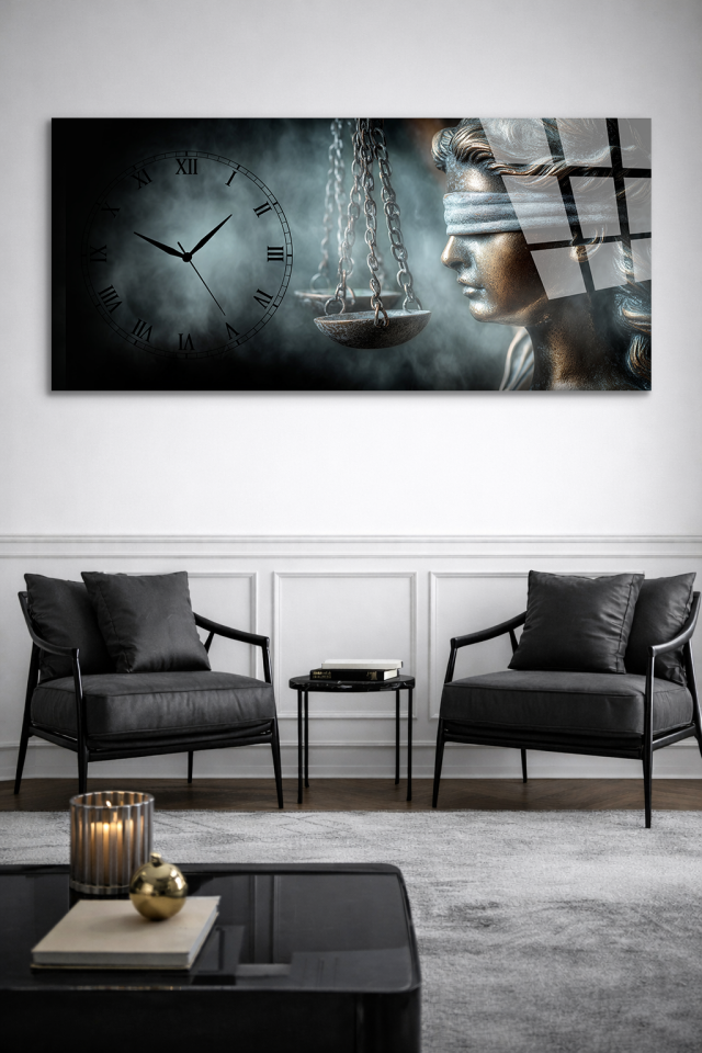 KIRILMAZ CAM DUVAR SAATİ , HEM TABLO HEM SAAT ADALET TERAZİSİ HUKUK TASARIM EV OFİS HEDİYESİ