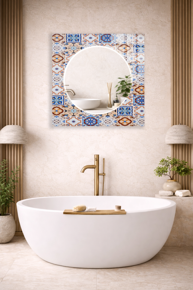 HEM TABLO HEM AYNA OSMANLI ÇİNİ PATCHWORK DESEN CAM DUVAR AYNASI EV DEKORU