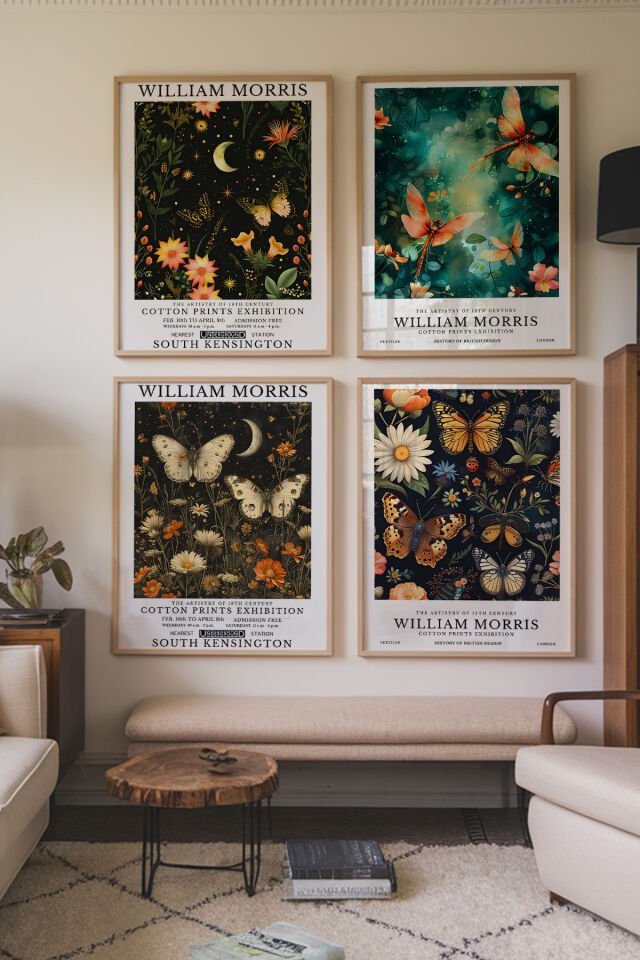 DOĞAL AHŞAP - William Morris Sanatsal Kelebek Tasarımı Vintage Doğal Ahşap Çerçeveli Tablo Duvar Dekoru