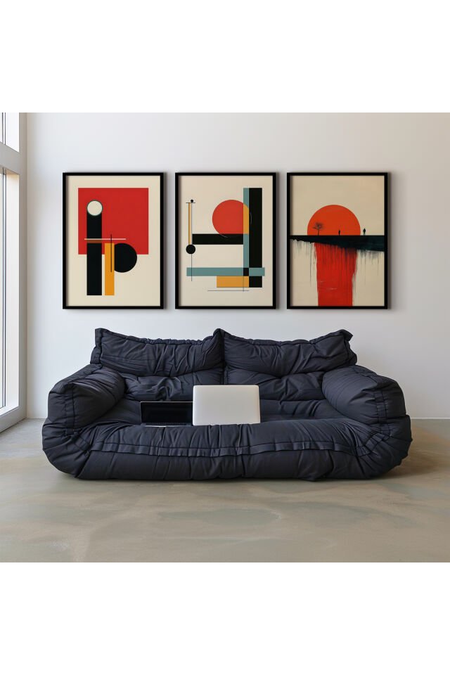 SİYAH - Abstract Geometrik Minimalizm Üçlü Doğal Ahşap Çerçeveli Duvar Tablo Seti