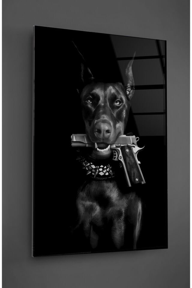 Siyah Beyaz Doberman Cam Tablo Renkli