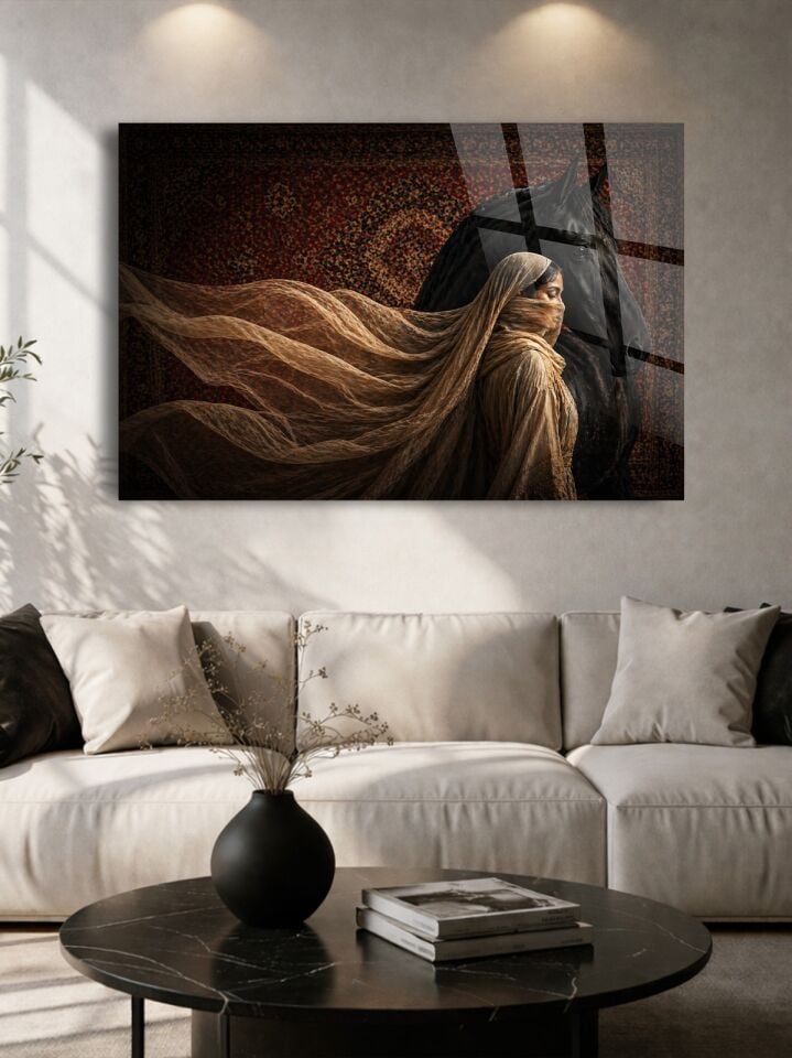 KIRILMAZ CAM TABLO , MODERN DUVAR DEKORASYONU ÇÖL KADINI AT SANAT TASARIM EV OFİS HEDİYESİ