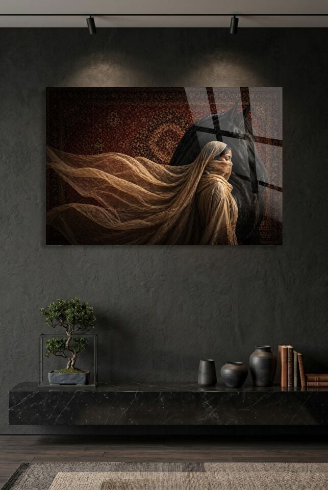 KIRILMAZ CAM TABLO , MODERN DUVAR DEKORASYONU ÇÖL KADINI AT SANAT TASARIM EV OFİS HEDİYESİ