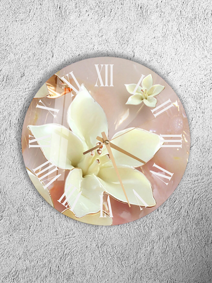 300.	KIRILMAZ CAM DUVAR SAATİ, HEM TABLO HEM SAAT KREM ZEMİN BEYAZ ÇİÇEKLİ ZARİF ROMEN RAKAM EV OFİS HEDİYESİ