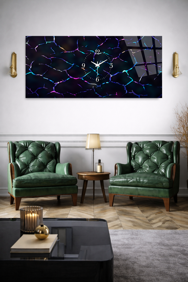 KIRILMAZ CAM DUVAR SAATİ , HEM TABLO HEM SAAT SİYAH NEON ÇATLAK DESEN EV OFİS HEDİYESİ