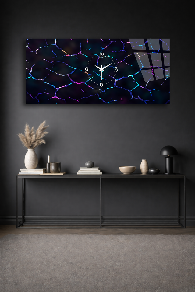 KIRILMAZ CAM DUVAR SAATİ , HEM TABLO HEM SAAT SİYAH NEON ÇATLAK DESEN EV OFİS HEDİYESİ