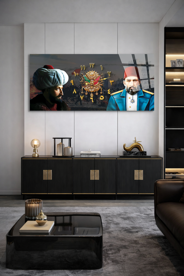 KIRILMAZ CAM DUVAR SAATİ , HEM TABLO HEM SAAT OSMANLI ARMASI PADİŞAH TASARIM EV OFİS HEDİYESİ