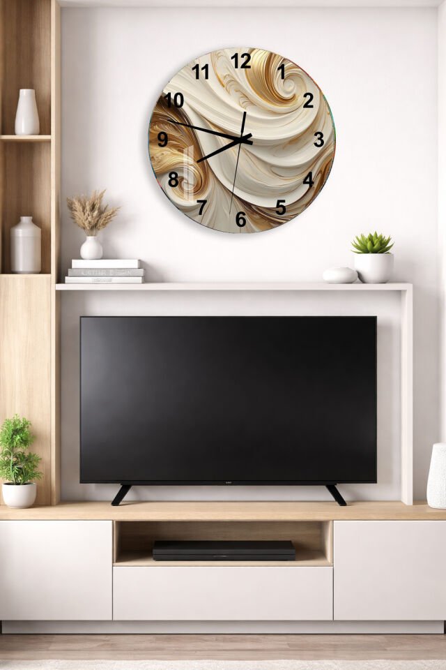 KIRILMAZ CAM DUVAR SAATİ, HEM TABLO HEM SAAT KREM ALTIN SOYUT AKIŞ TASARIM EV OFİS HEDİYESİ