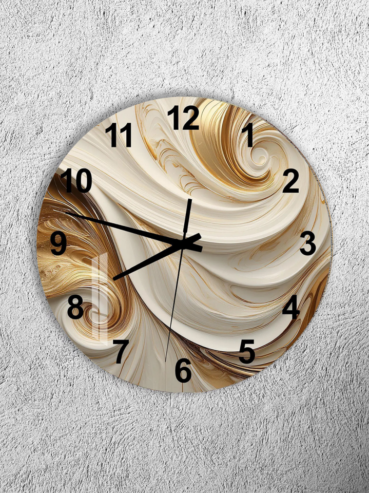 KIRILMAZ CAM DUVAR SAATİ, HEM TABLO HEM SAAT KREM ALTIN SOYUT AKIŞ TASARIM EV OFİS HEDİYESİ